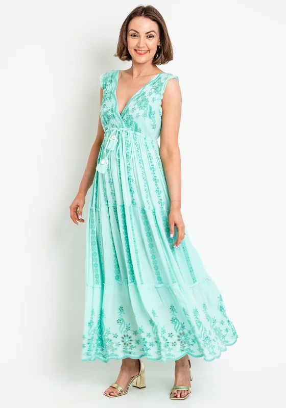 Seventy1 One Size Embroidered Maxi Dress, Mint Green Elegant Lace-Up Maxi Dress