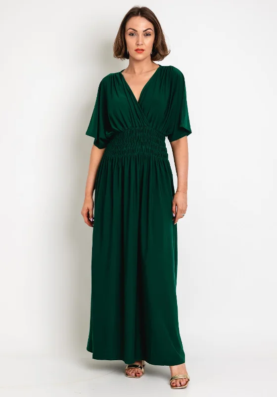 Serafina Collection One Size Shirring Waist Maxi Dress, Green Trendy Maxi Dress with Lace