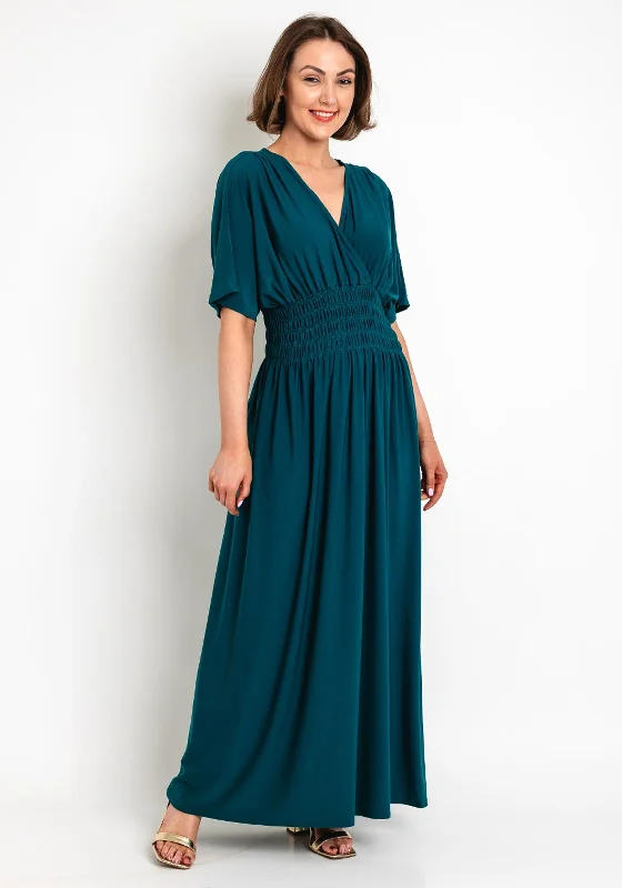 Serafina Collection One Size Shirring Waist Maxi Dress, Teal Comfortable Ruffle Hem Maxi Dress