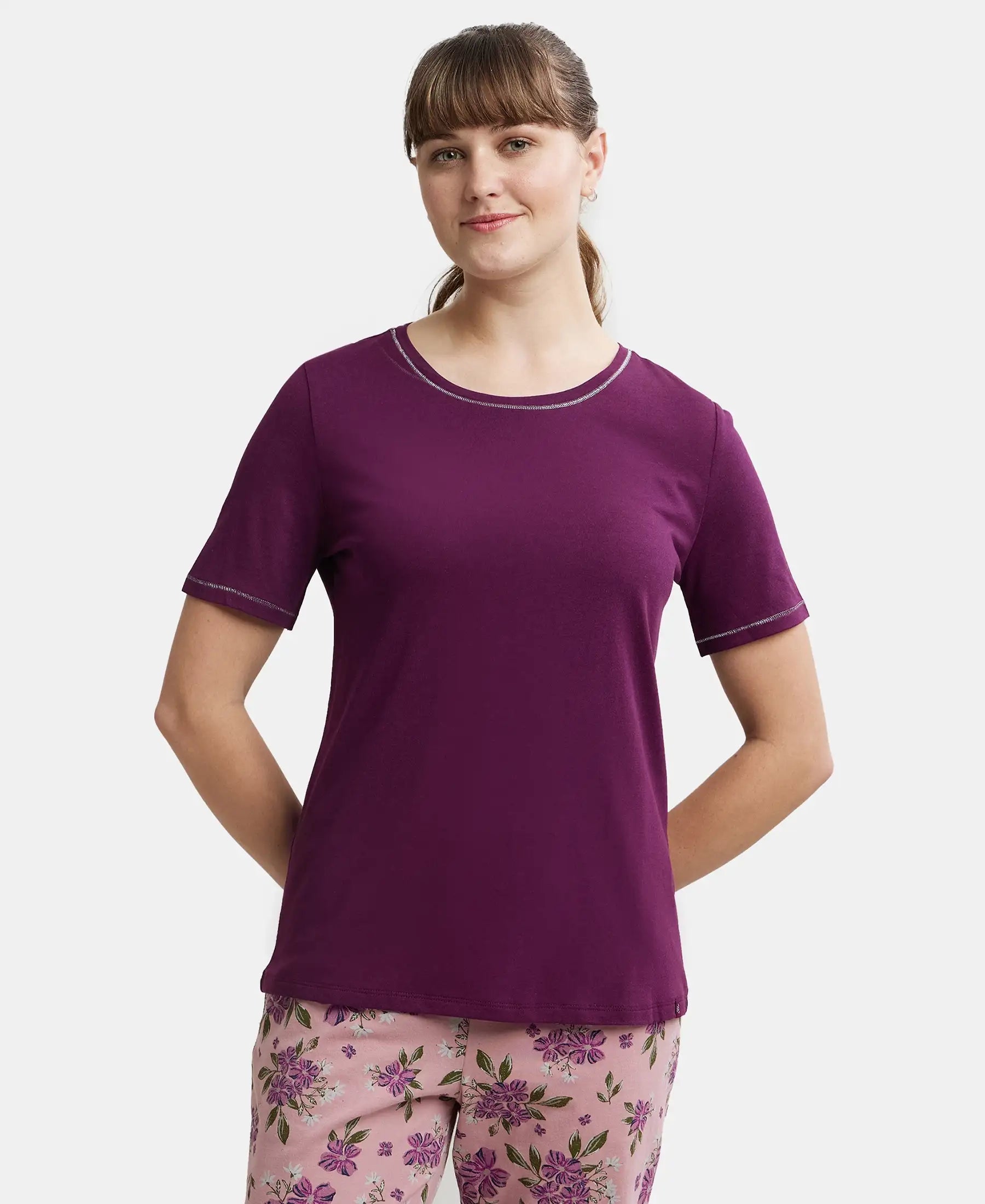 Micro Modal Cotton Relaxed Fit Round neck Half Sleeve T-Shirt - Purple Wine Terry Blend Velvet Blend Canvas Blend