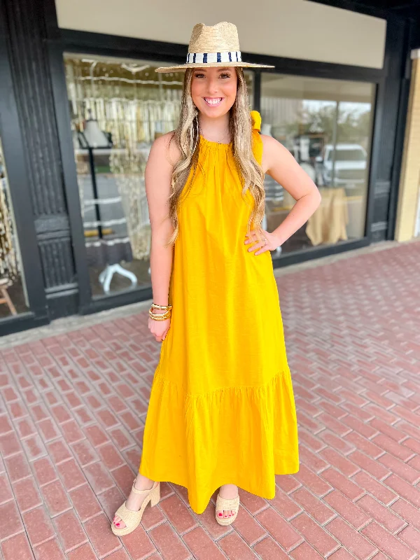 [Mud Pie] Julip Maxi Dress-Mustard Trendy Ruffled Maxi Dress