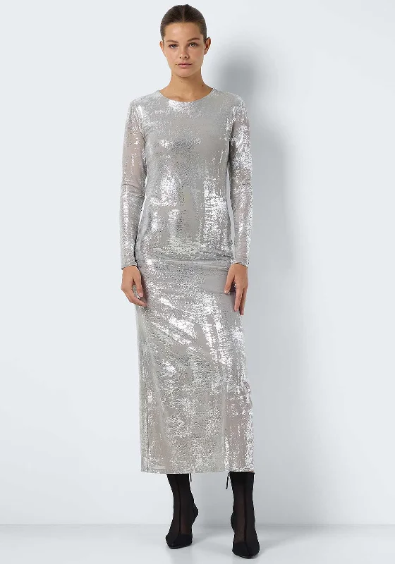 Noisy May Lucia Metallic Maxi Dress, Silver Elegant Floral Maxi Dress