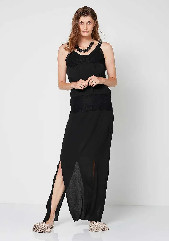 Nu Denmark Ulrikke Lace V Back Maxi Dress, Black Stylish Maxi Dress with Frills