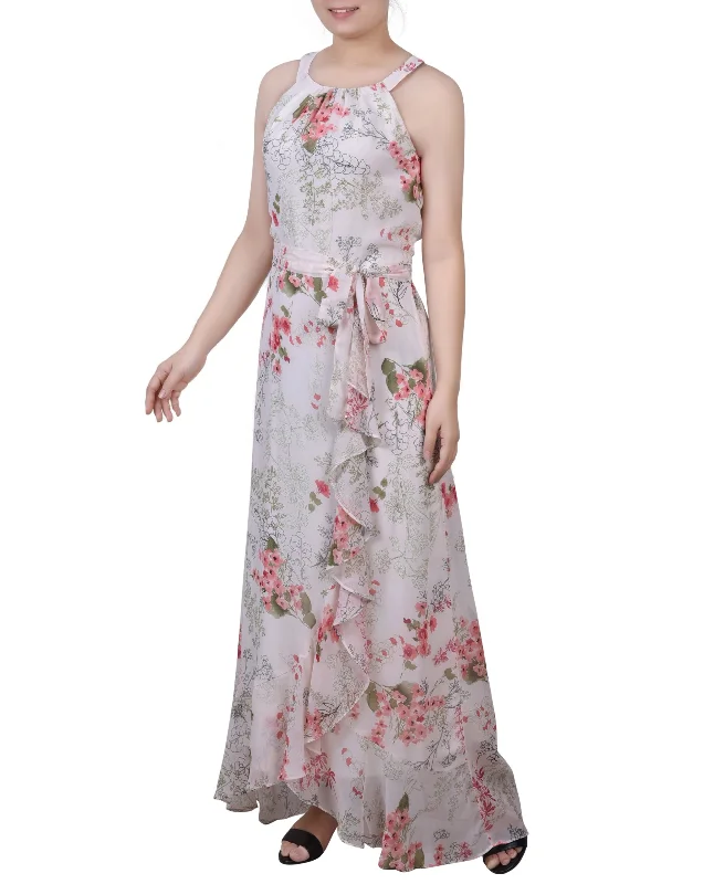 Petite Size Halter Front Chiffon Maxi Dress Comfortable Flowy Maxi Dress