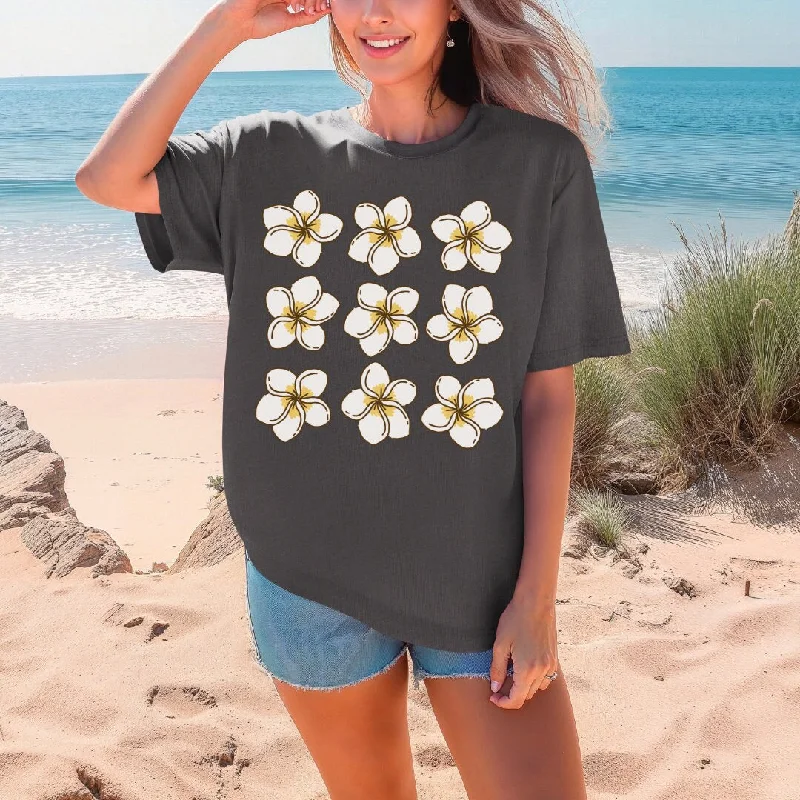 Plumeria Fields Hawaiian Beach Tee - Hawaiian Floral Tee - Trendy Oversized Beach Tee - Comfort Colors Oversized Unisex Tee Cotton Fabric Linen Fabric Terry Fabric