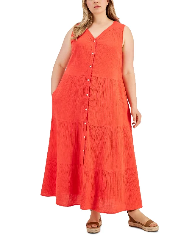 Plus Size Sleeveless Button- Front Maxi Dress Comfortable Bohemian Maxi Dress