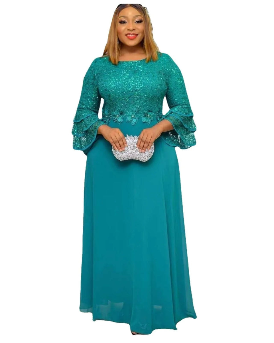 Elegant African Maxi Dress: Three-Quarter Sleeves, Solid Colors, and Flowing Polyester Fabric Elegant Tiered Maxi Dress