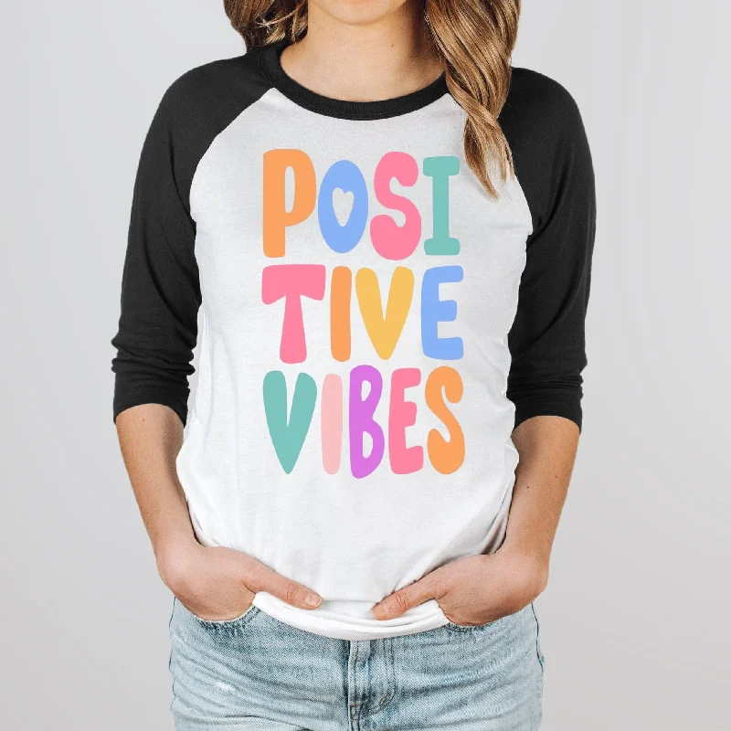 Positive Vibes Baseball Tee - Trendy Motivational Tee - Happy T-shirt - Good Vibes Aesthetic Tee - Bella Canvas Women's Unisex Raglan Tee Modern Contemporary Chic