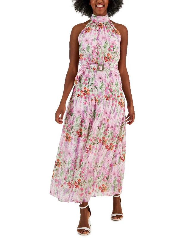 Printed Chiffon Sleeveless Buckle-Waist Maxi Dress Trendy Floral Print Maxi Dress