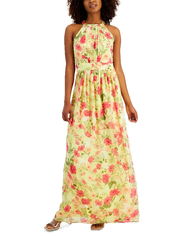 Printed Pleated-Bodice Shirred-Waist Maxi Dress Comfortable Maxi Dress with Sleeves