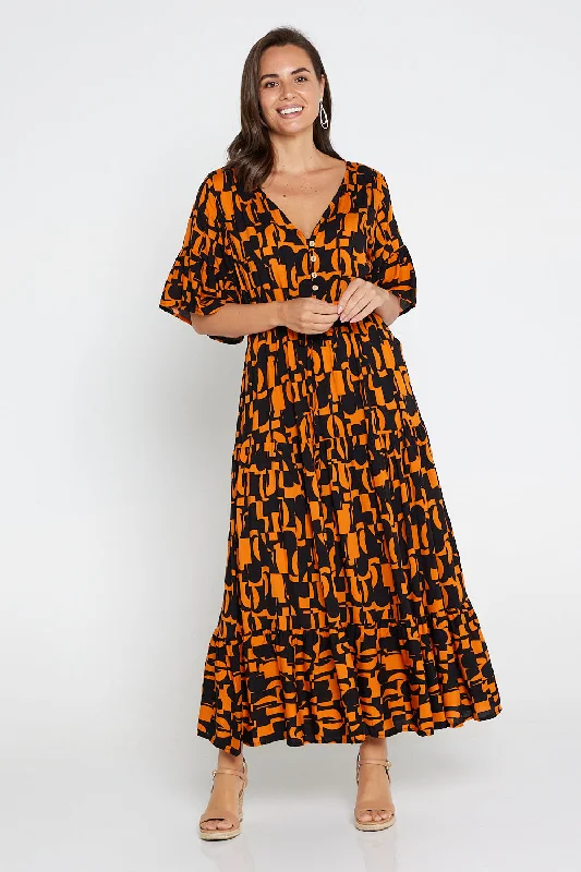 Quinn Maxi Dress - Orange/Black Midcentury Cozy Maxi Dress with Slit