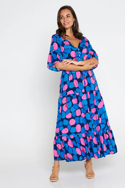 Quinn Maxi Dress - Pink/Cobalt Spot Stylish Maxi Dress with Pleats