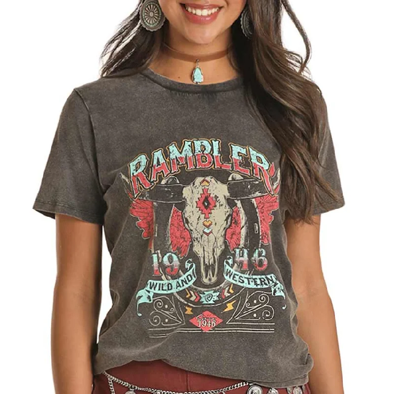 Rock & Roll Cowgirl Women's Rambler Graphic T-Shirt Graphic Embroidered Appliqued