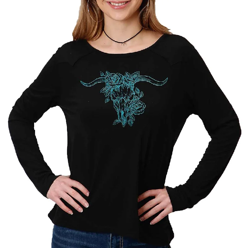 Roper Women's Floral Steer Skull Graphic T-shirt Modern Contemporary Chic