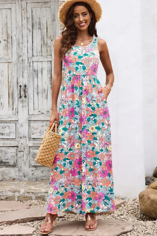 Round Neck Sleeveless Maxi Dress with Pockets Stylish Long Sleeve Maxi Dress