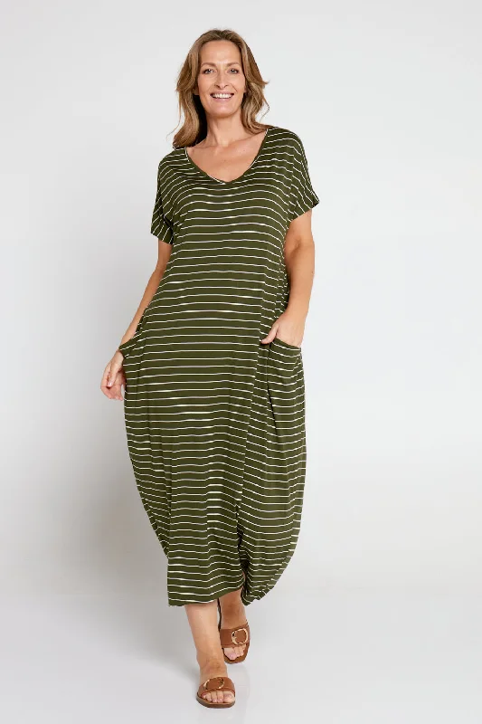 Rowan Maxi Dress - Khaki Stripe Cozy Ribbed Maxi Dress