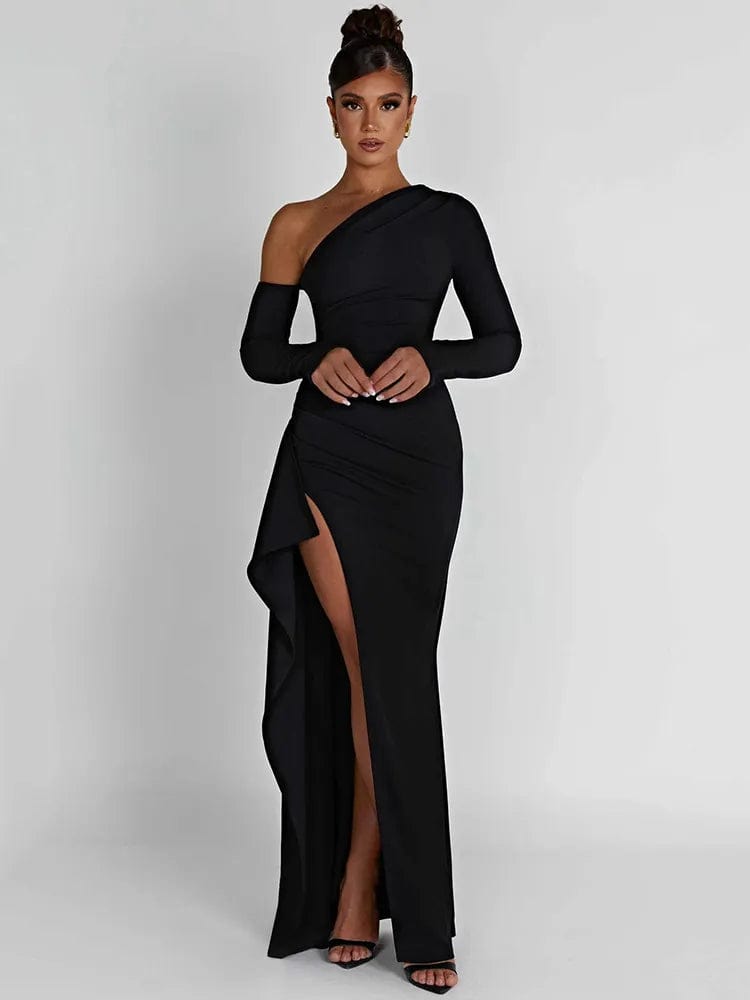 Seductive Elegance: Thigh-High Split Maxi Dress with Oblique Shoulder, Long Sleeves, and Backless Design for Sexy Club Party Looks Classic Solid Maxi Dress