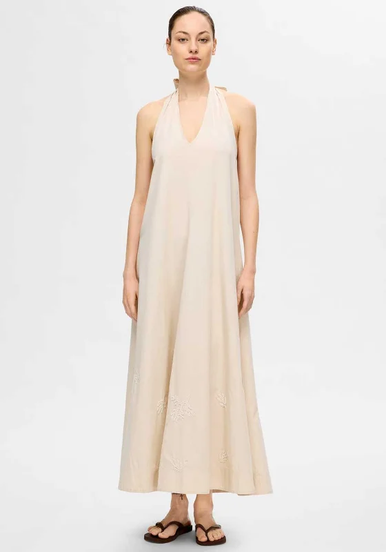 Selected Femme Melli Halterneck Maxi Dress, Sandshell Elegant Maxi Dress with Slit