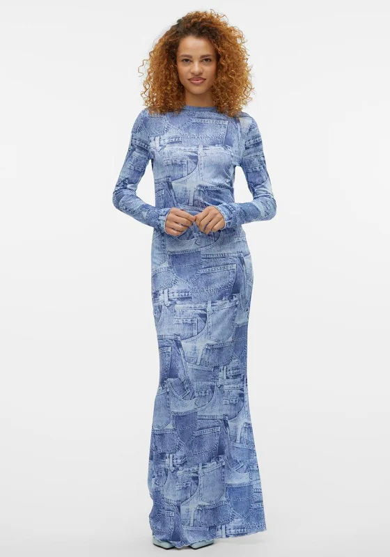 SOMETHINGNEW Denny Denim Print Mesh Maxi Dress, Blue Fashionable Button-Down Maxi Dress