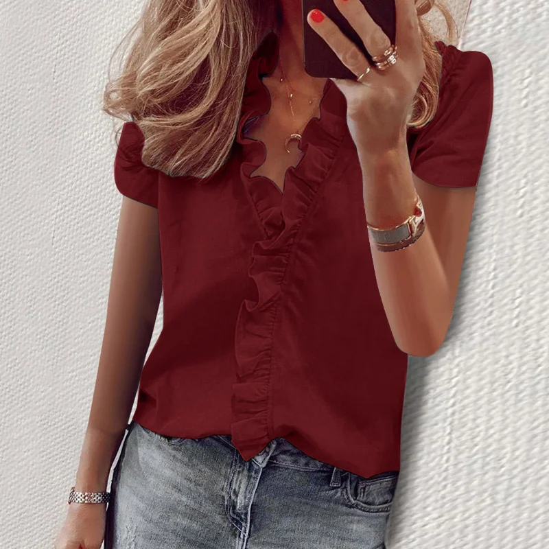 Solid Color V-Neck Short Sleeve Ruffle Shirt Top T-Shirt Women Denim Fabric Leather Fabric Suede Fabric