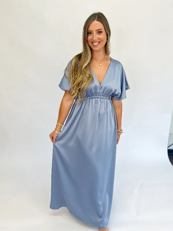 Sophisticated Satin Maxi Dress-Dove Comfortable Plunging Neckline Maxi Dress