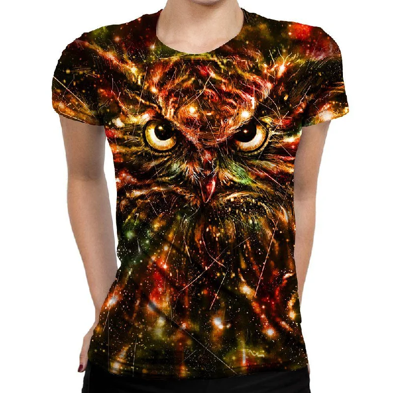 Space Owl Womens T-Shirt Welt Pockets Slit Pockets