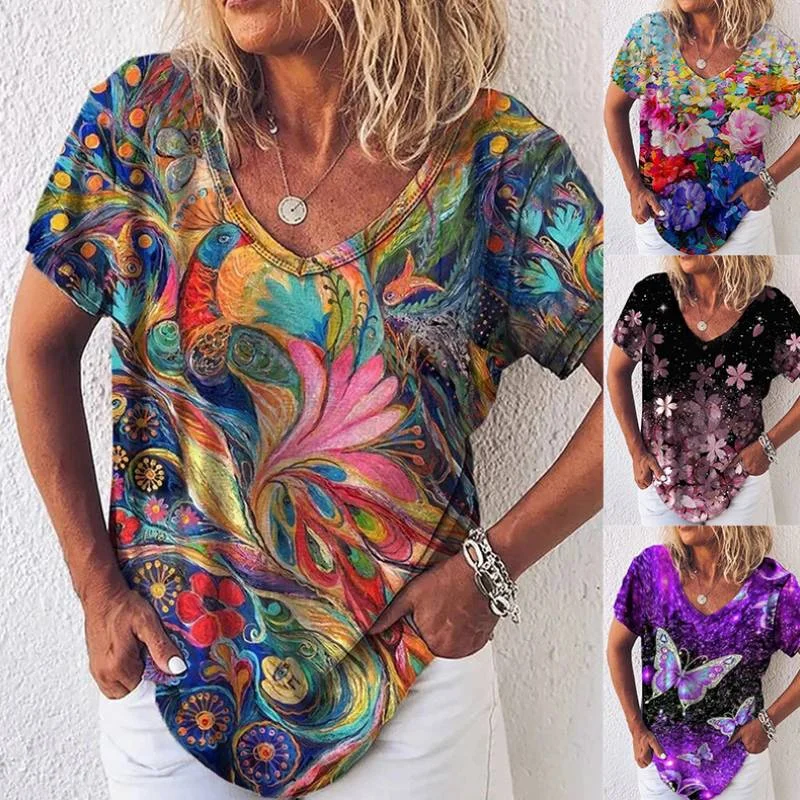 Summer Popular Floral Print Short-sleeved V-neck T-shirt For Women Print Jacquard Patchwork