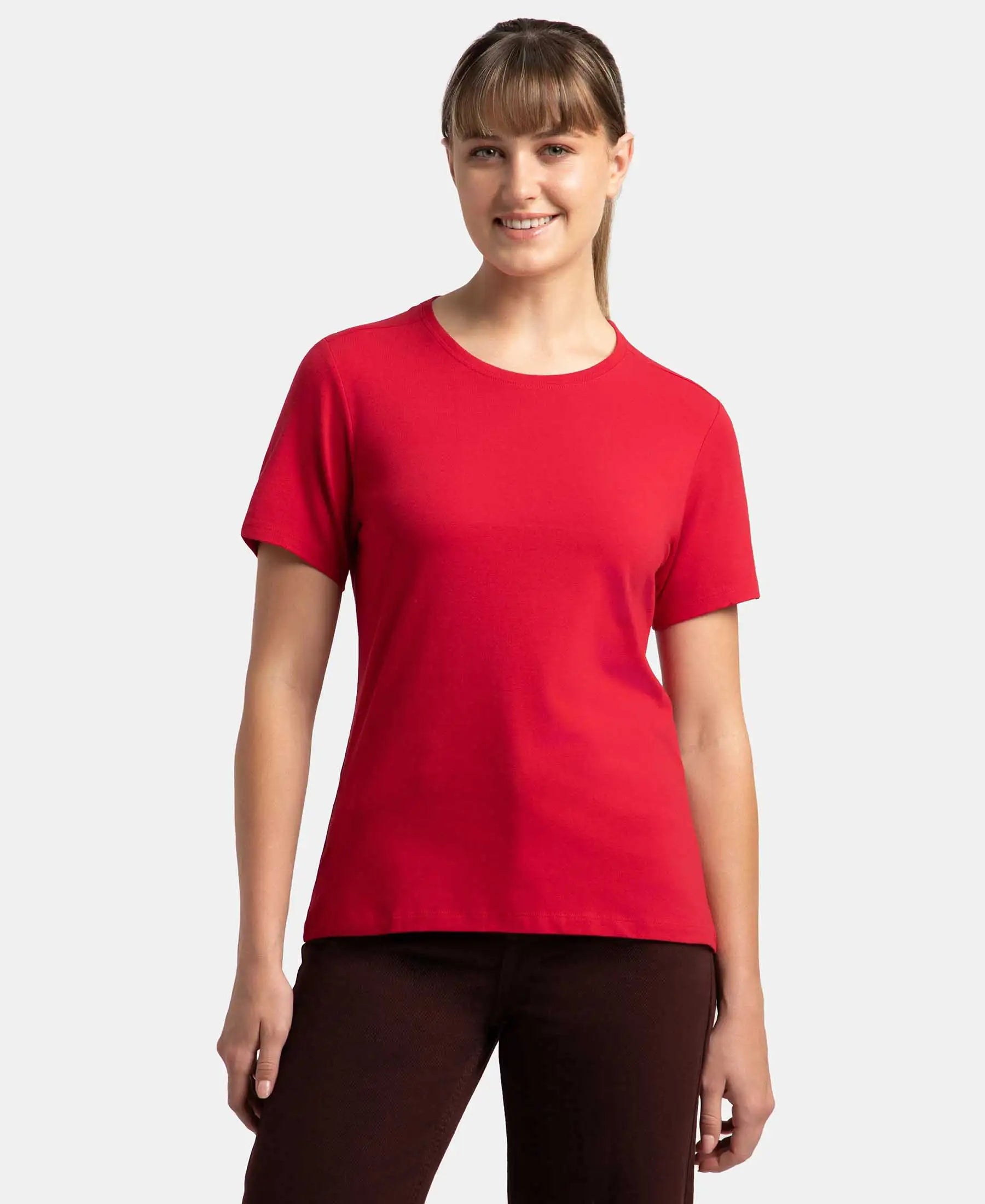 Super Combed Cotton Elastane Stretch Regular Fit Solid Round Neck Half Sleeve T-Shirt - Jester Red Anti-Shrink Durable Soft