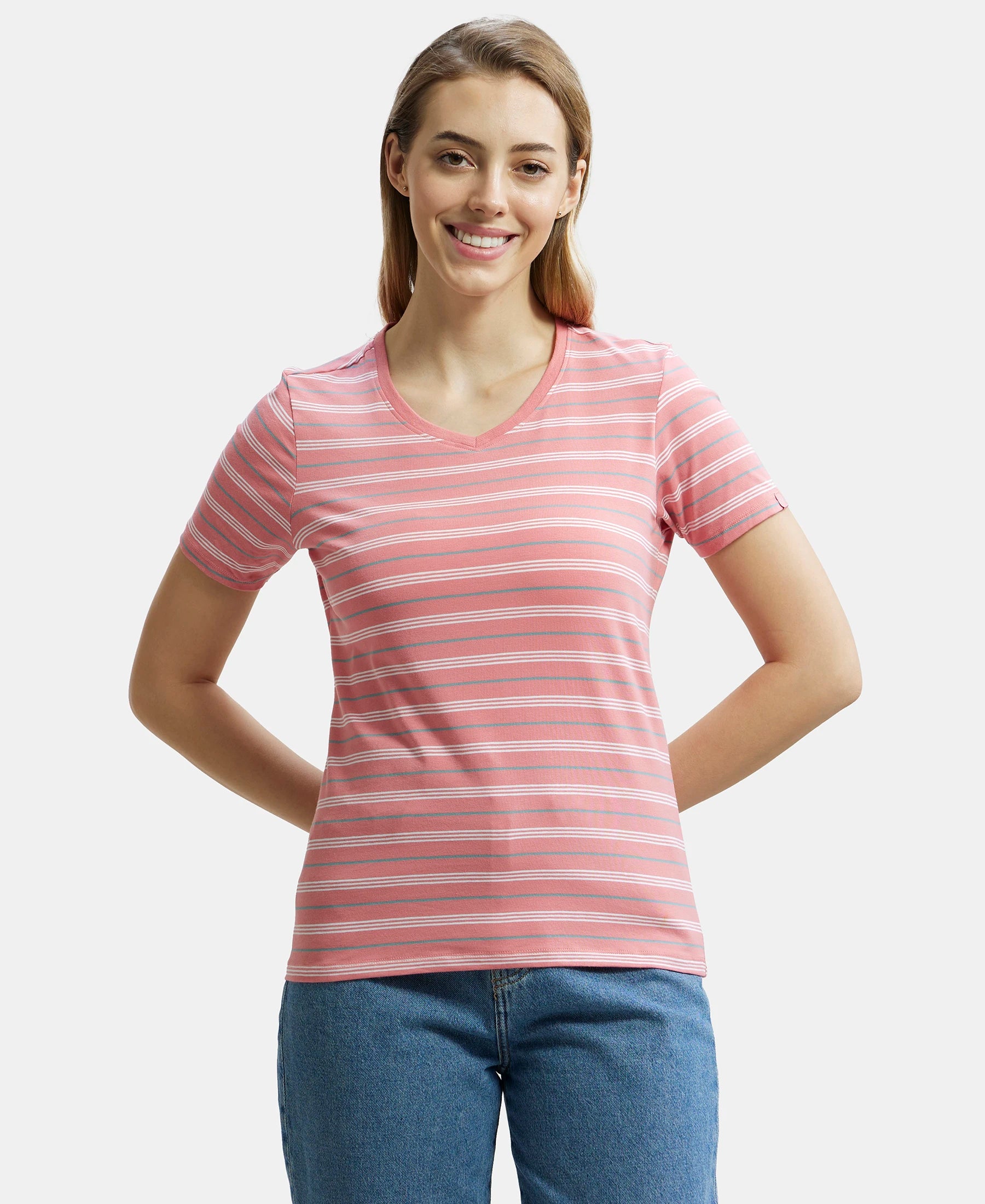 Super Combed Cotton Elastane Stretch Regular Fit Yarn Dyed Striped V Neck Half Sleeve T-Shirt - Peach Blossom Fleece Fabric Down Fabric Feather Fabric