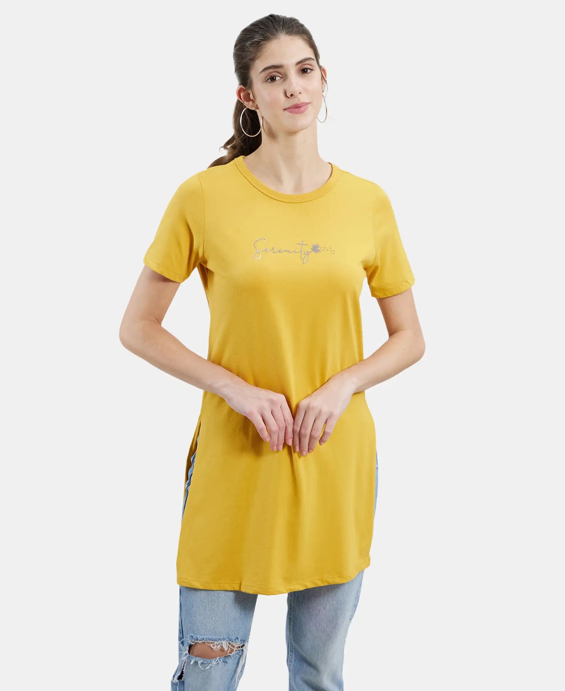 Super Combed Cotton Printed Fabric Relaxed Fit Long length T-Shirt With Side Slit - Golden Spice Solid Color Striped Floral