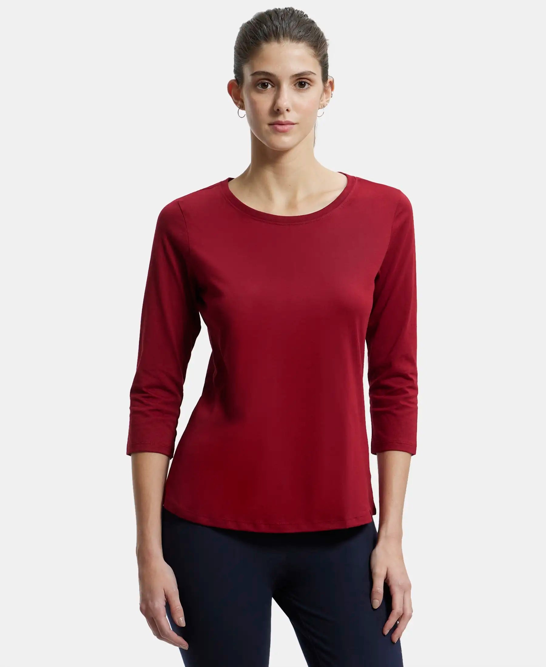 Super Combed Cotton Rich Relaxed Fit Solid Round Neck Three Quarter Sleeve T-Shirt  - Rhubarb Spandex Blend Rayon Blend Denim Blend