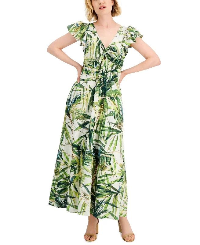 Taylor Cotton Printed Bow Tie Maxi Dress Stylish Maxi Dress with Pleats