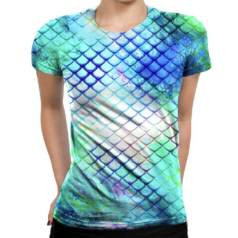 Teal Dragon Scales Womens T-Shirt Satin Fabric Silk Fabric Chiffon Fabric