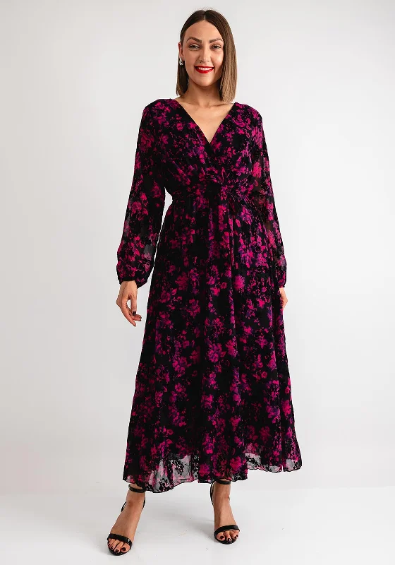 Serafina Collection Floral Maxi Dress, Black and Pink Cozy Ruffle Sleeve Maxi Dress