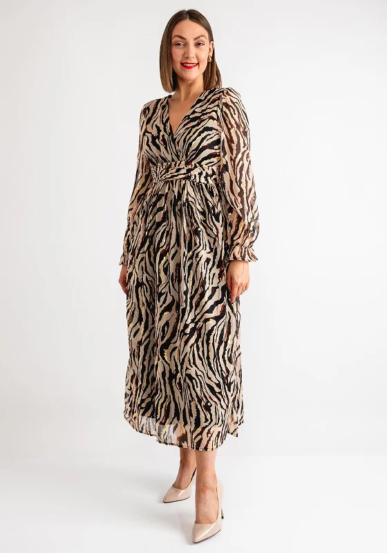 Serafina Collection Zebra Print Maxi Dress, Beige Elegant Silk Maxi Dress