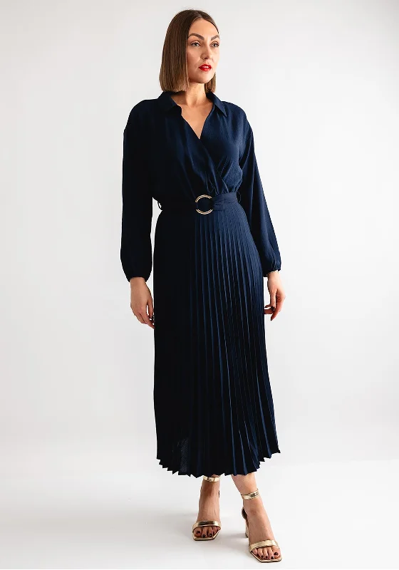 Tiffosi Kyoto Pleated Wrap Maxi Dress, Navy Comfortable Pleated Maxi Dress