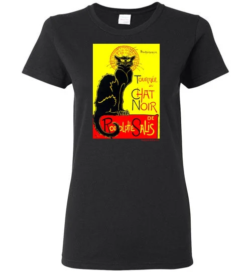 Tournee du Chat Noir Women's T-Shirt with Art Nouveau Black Cat Spandex Blend Rayon Blend Denim Blend