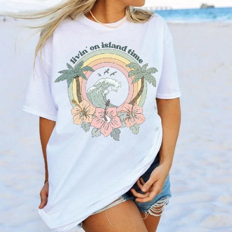 Tropical Beach Tee - Livin on Island Time - Vintage Hawaiian Graphic Tee - Beach Vacation Tee - White Bella Canvas Women's Unisex Tee Polka Dot Checkered Tartan Tropical Beach Tee - Livin on Island Time - Vintage Hawaiian Graphic Tee - Beach Vacation Tee - White Bella Canvas Women's Unisex Tee Polka Dot Checkered Tartan
