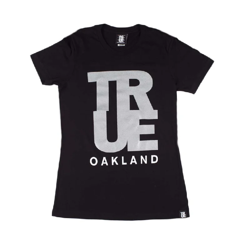 True Women's Logo Oakland T-Shirt Black Basic T-Shirt Crew Neck Short Sleeve