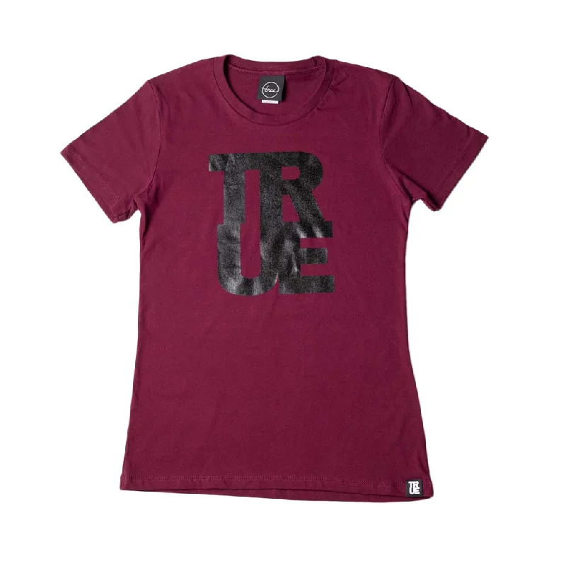 True Womens Logo T-Shirt Burgundy/Black Graphic Embroidered Appliqued