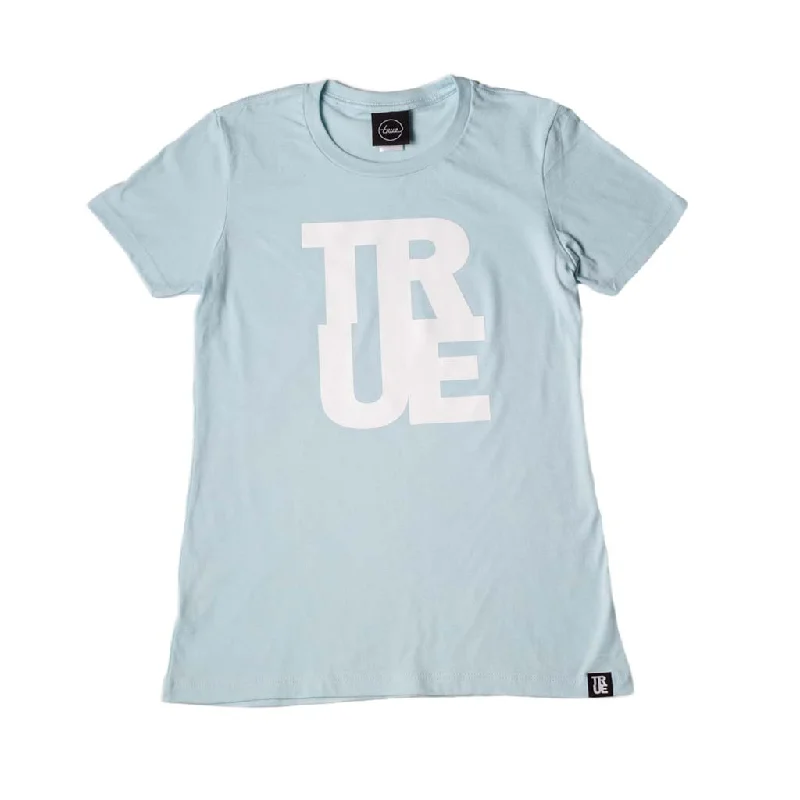 True Womens Logo T-Shirt Light Blue/White Collared T-Shirt Boat Neck A-Line