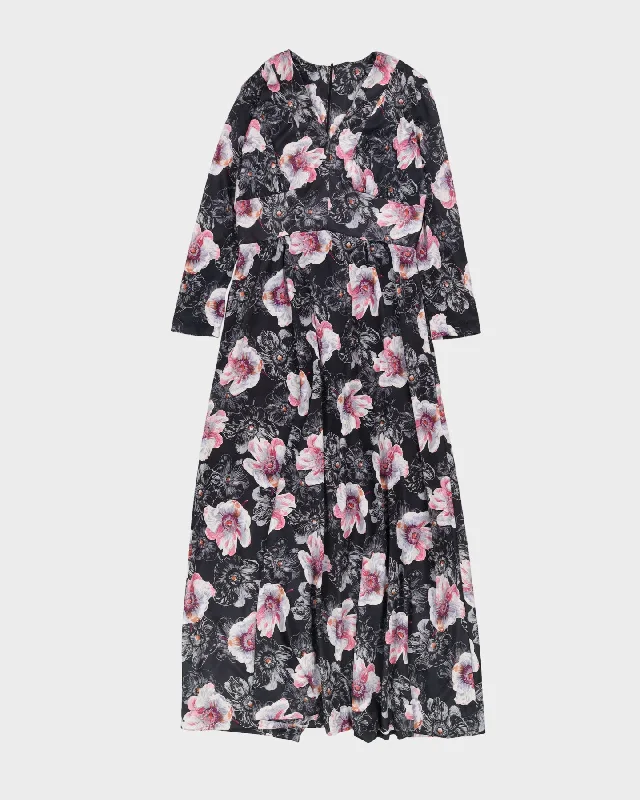 Vintage 1970s Black Floral Maxi Dress - L Fashionable Faux Wrap Maxi Dress