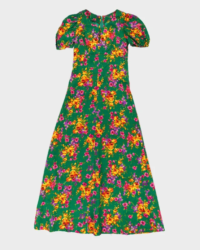 Vintage 1970s Green Floral Maxi Dress - XXS Trendy Maxi Dress with Straps