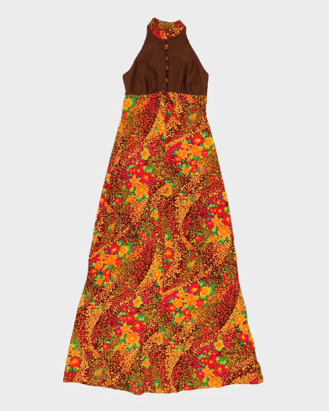 Vintage 1970s Orange Patterned Maxi Dress - S Chic Boho Print Maxi Dress