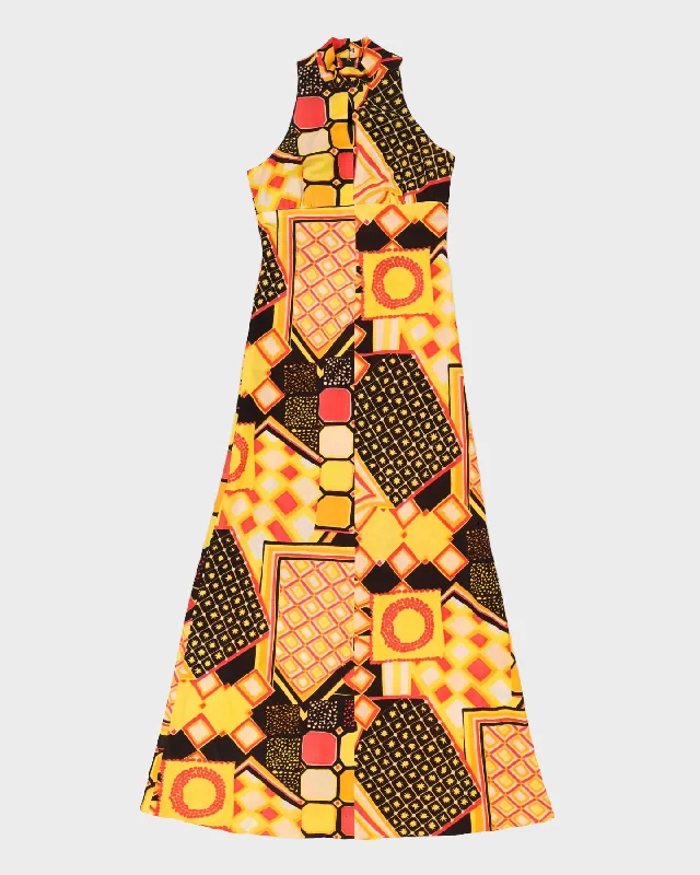 Vintage 1970s Orange Patterned Maxi Dress - XS Trendy V-Neck Maxi Dress