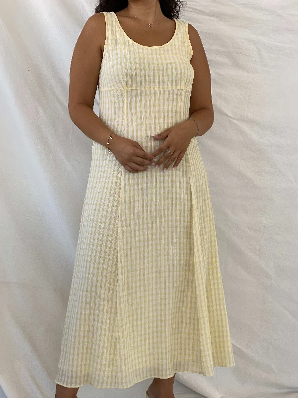 Vintage Principles Gingham Print Yellow Maxi Dress - XL Trendy Maxi Dress with Belt