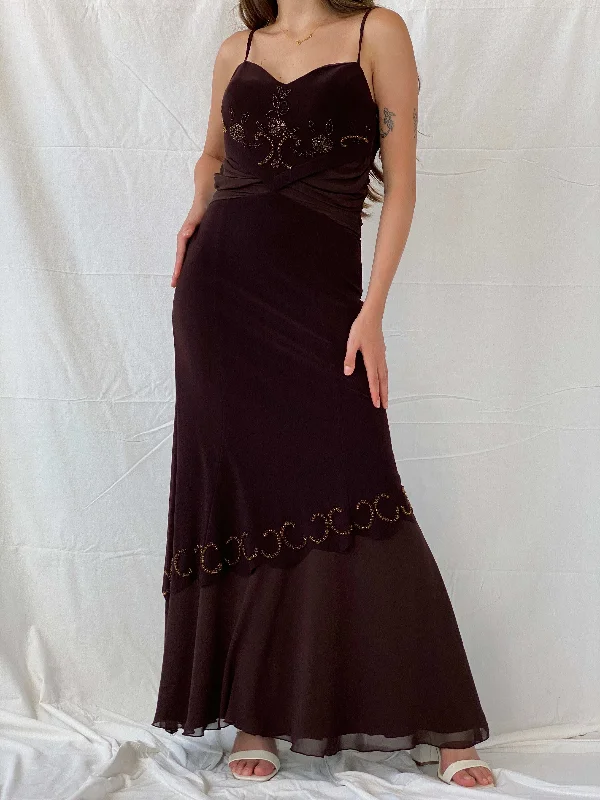 Vintage Y2K Günbeyi Brown Beaded Wedding Guest Maxi Dress - M Classic Black Maxi Dress