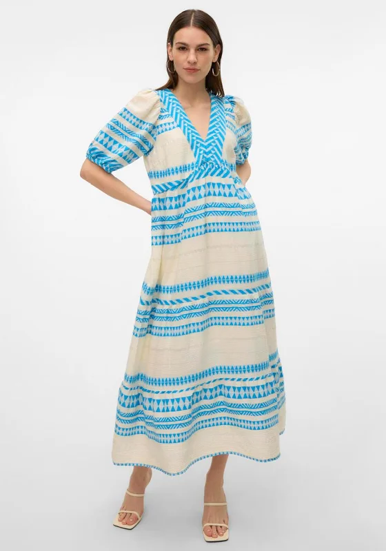 Vero Moda Rosanna Aztec Print Maxi Dress, Birch & Ibiza Blue Comfortable Fit-and-Flare Maxi Dress