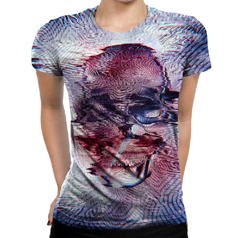 White Glitch Skull Womens T-Shirt V-Neck T-Shirt Long Sleeve Cotton