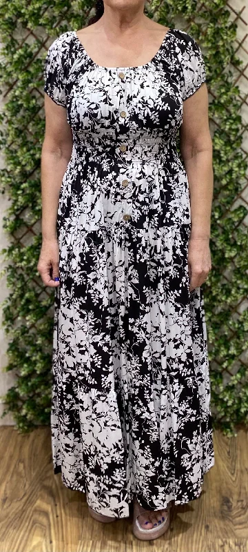 Black And White Wild Flower Print Bardot Maxi Dress Comfortable Maxi Dress with Belt